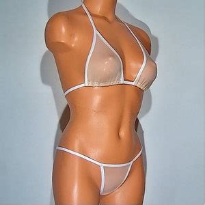 Nude Spandex Sheer Micro Mesh Banded Thong Bikini Lingerie Sunwear Set Etsy