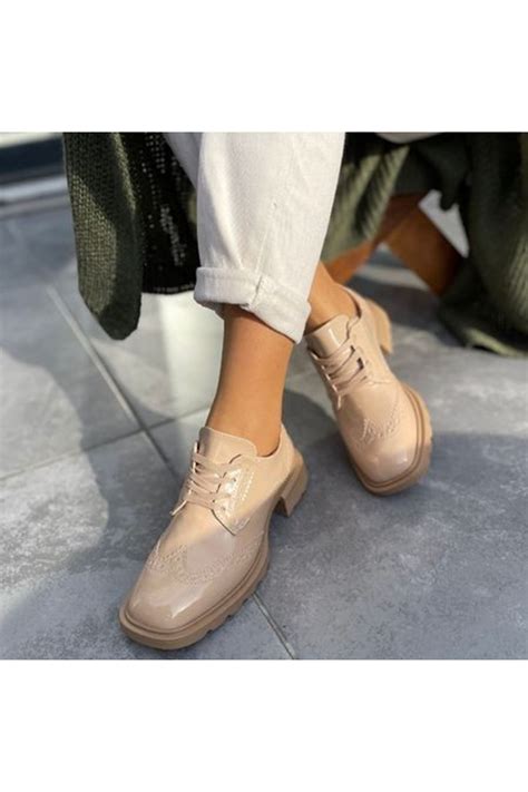 Soer Nude Rugan Bağcıklı Oxford Ayakkabı Tarz Topuklar