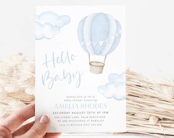 Blue Hot Air Balloon Baby Shower Invitation Etsy