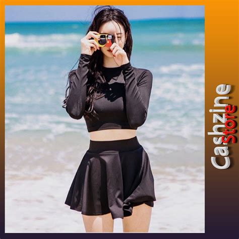 Bán Bikini đi biển 2 mảnh kín đáo Đồ bơi nữ tay dài váy xòe Áo bơi croptop đen trơn mẫu mới