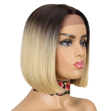 Buy NOBLE Blonde Ombre Bob Wigs For Women Short Straight T Part HD Lace Front Wigs 150 Density