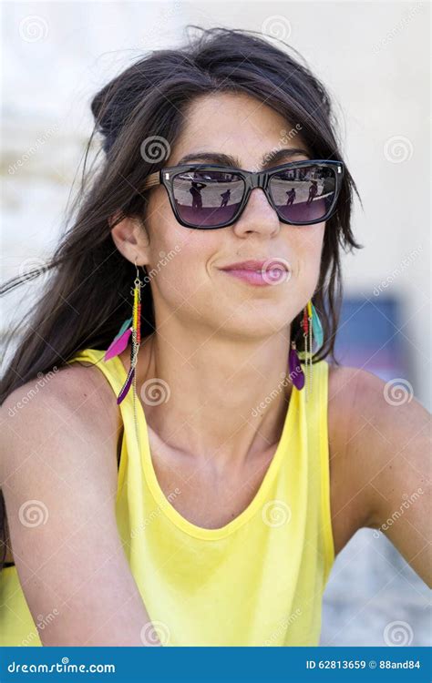 Close Up Fashion Beautiful Woman Portrait Wearing Sunglasses Stock