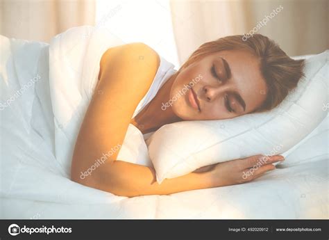 Beautiful Blonde Girl Sleeping Sweetly Sunny Bedroom White Bed Holyday Stock Photo Volhar