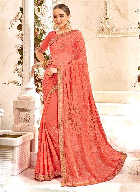 Buy Peach Classic Designer Saree Online 113943