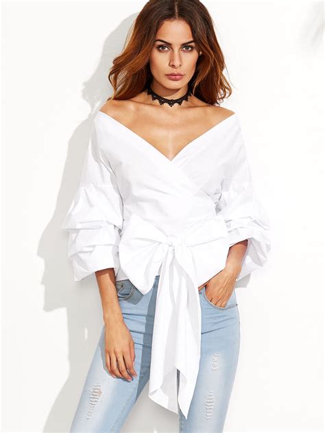 Exaggerated Sleeve Surplice Blouse With Bow Tie Shein Sheinside