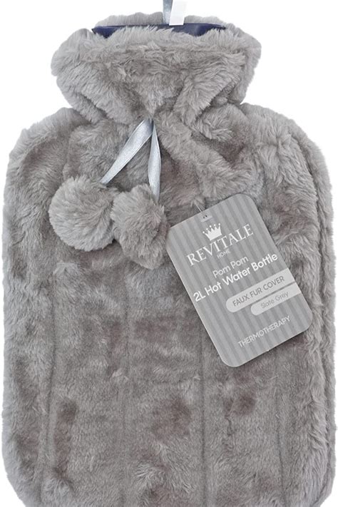 Revitale Luxury Cosy Faux Fur Pom Pom Hot Water Bottle Litre Slate Grey Hot Water Bottle