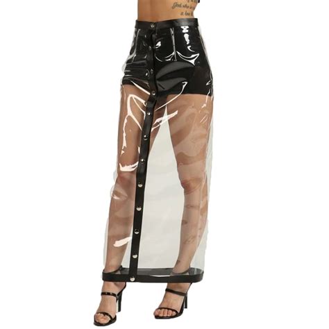 Sexy Transparent Pvc Leather Lingerie See Through Skirts Button Perspective Maxi Skirt Long