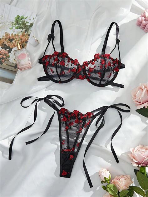 Black And Red Lingerie Set Floral Bowstrap Walmart