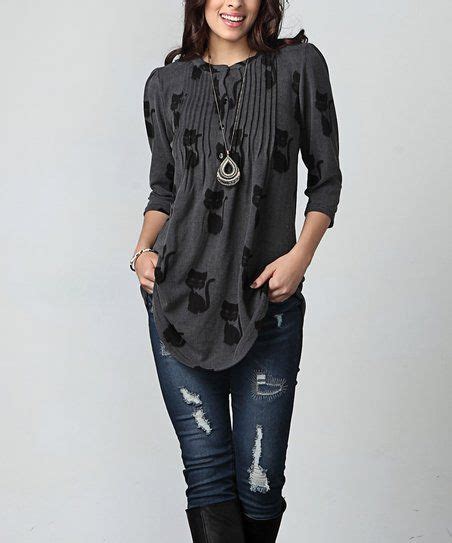 Reborn Collection Charcoal Cat Notch Neck Pin Tuck Tunic Plus