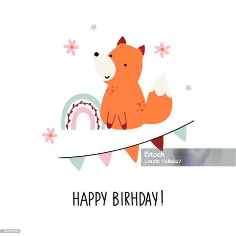 Vector Birthday Card With Cute Fox Stock Illustration Download Image