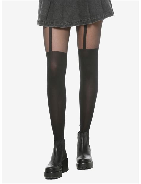 Black Garter Faux Thigh High Tights Hot Topic