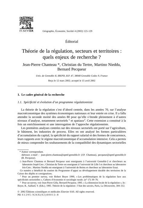 Pdf Th Orie De La R Gulation Secteurs Et Territoires Quels Enjeux