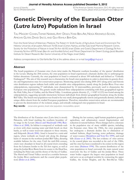 Pdf Genetic Diversity Of The Eurasian Otter Lutra Lutra Population In Israel