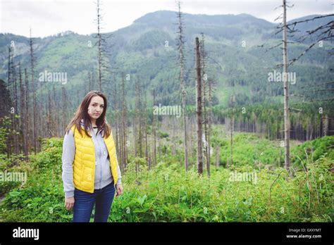 Brunette Woman Hiker Hiking On Trail In Summer Time Tatra Mountain In Poland Stock Photo Alamy