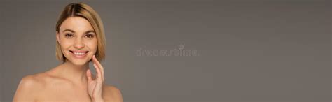 Happy Woman With Naked Shoulders Looking Stock Photo Image Of Positive Attractive 266123700