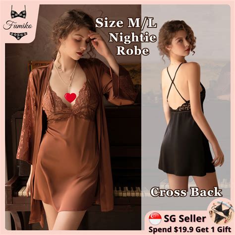 Sg Stock Fumiko Lace Night Dress Robe Sexy Lingerie Satin Sleepwear Women Pyjamas Nightie Night