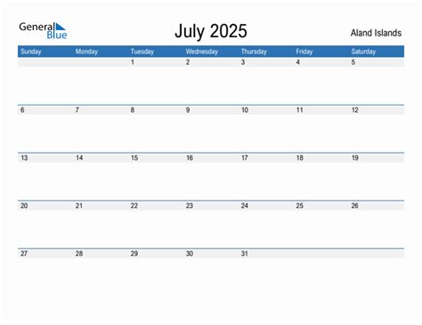 Editable July 2025 Calendar with Aland Islands Holidays