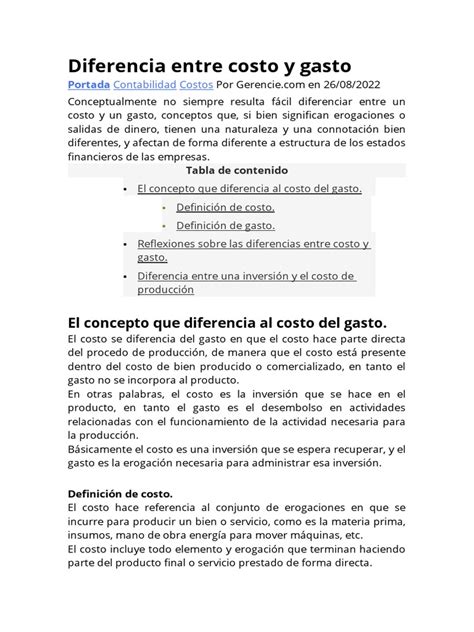 Diferencia Entre Costo Y Gasto Pdf Costo Inversiones