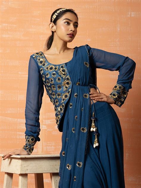 Buy Blue Hand Embroidered Pre Stitched Georgette Saree With Silk Blouse