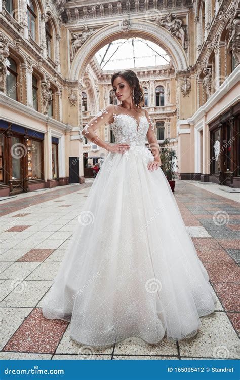 Beautiful Delicate Young Woman Bride In Luxurious Wedding Dress Stock