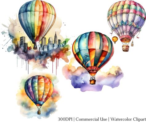 Watercolor Hot Air Balloon Clipart Set Of Files With Instant