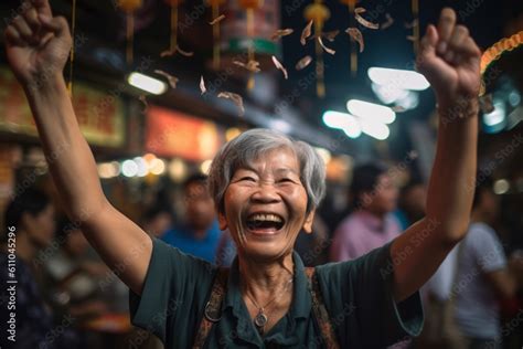 Environmental Portrait Photography Of A Happy Mature Girl Celebrating Winning Against A Lively