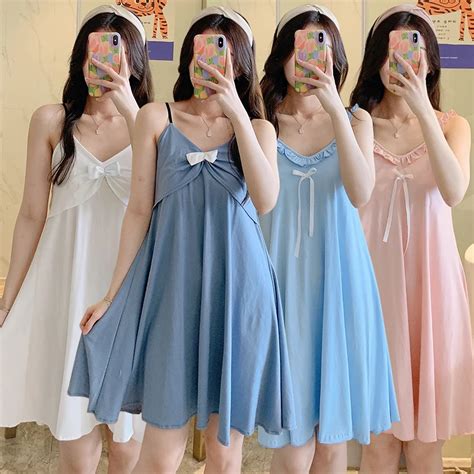 Cotton Sexy Lingerie Spaghetti Strap Nightgowns For Women Summer Cute Bow Sleepwear