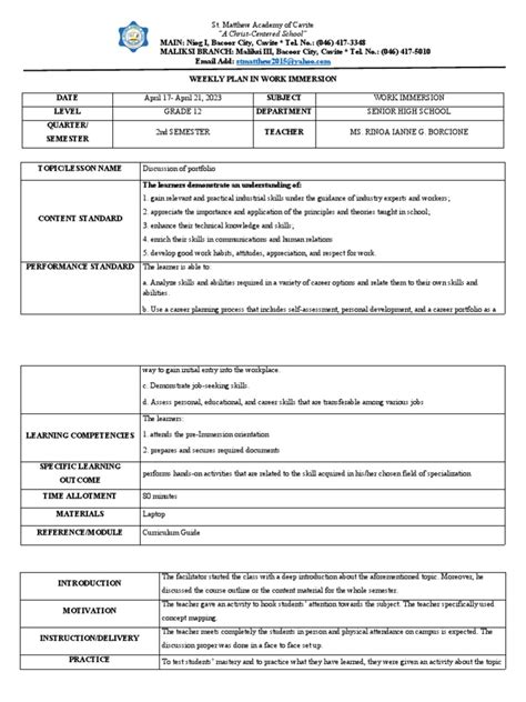 Weekly Plan Week 4 Pdf Teachers Learning