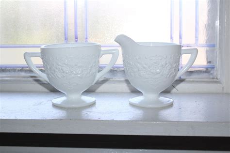 Milk Glass Sugar And Creamer With Floral Band Vintage 1950s