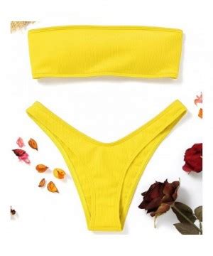 Women S Strapless Ribbed Lace Up High Cut Two Piece Bandeau Bikini Set Yellow Co Xu Ug