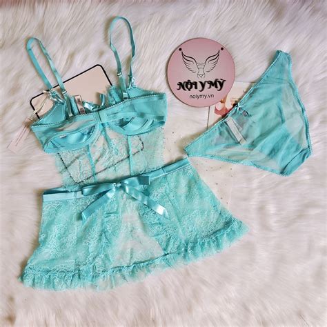 Set ngủ Victorias Secret áo cup có gọng ren phối nơ quần bikini ren màu xanh biển qd