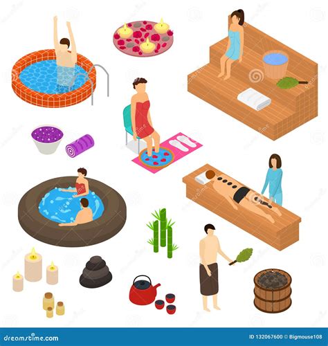 Bath House Elements Concept 3d Icon Set Isometric View Vector Stock