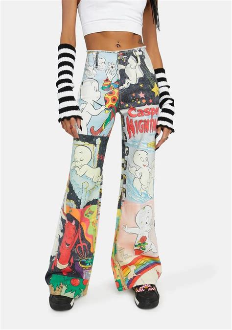 Dolls Kill X Hot Stuff Casper Printed Washed Denim Wide Leg Pants Multi