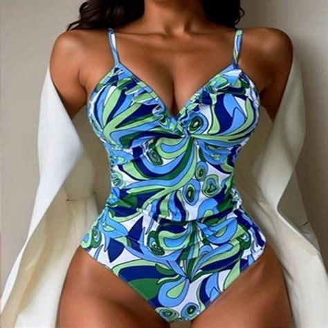 Generic New Suspender Printed Belly Covered One Piece Swimsuit Female Conservative Bikini