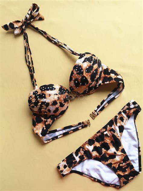 Sexy Bikini Swimsuit Leopard Print Halter Push Up Women Bikini Set Milanoo