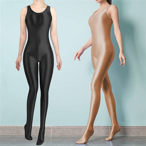 Women Satin Oil Shiny Jumpsuit Bodystocking Sleeveless Bodysuit Lingerie Catsuit EBay