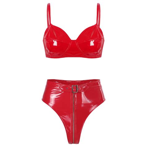 Womens Wet Look PVC Leather Lingerie Set Bra Top With High Waist Briefs Clubwear EBay
