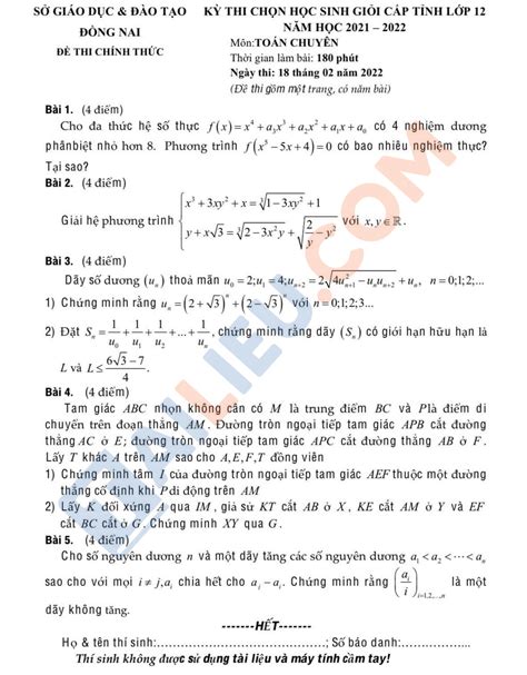 Đề Thi Hsg Toán 12 Cấp Tỉnh Năm 2021 2022 Sở GdandĐt Đồng Nai