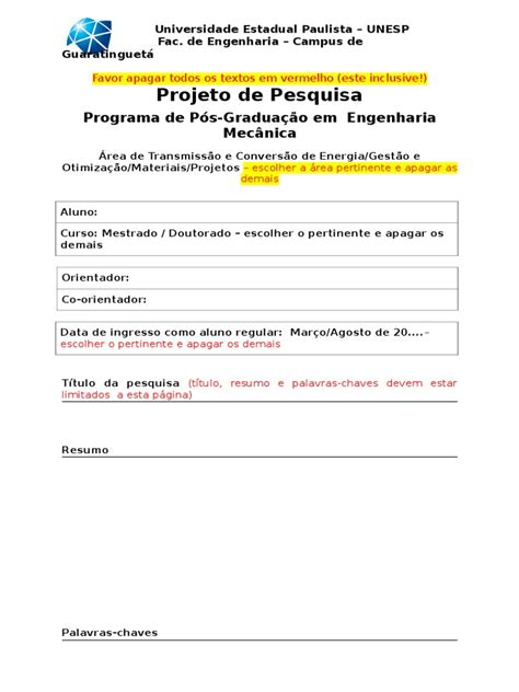 Modelo Plano de Pesquisa Mestrado | PDF | Mestrado | Pós-graduação