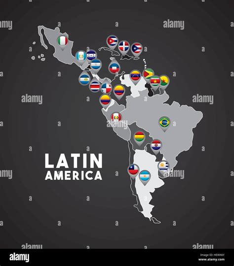 Map of Latin America with the flags of countries on location pins ...