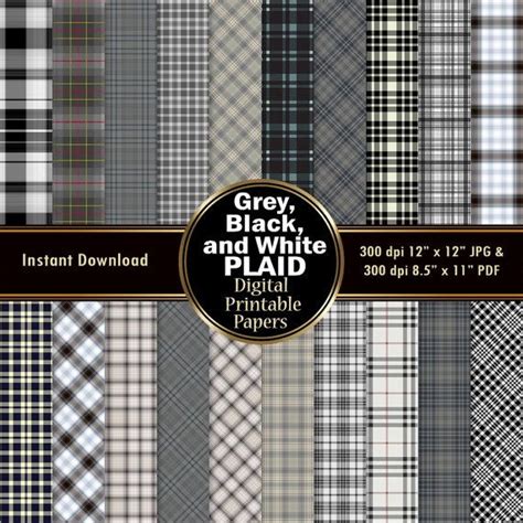 Plaid Digital Paper Pack Black White Grey Gray Scrapbook Paper