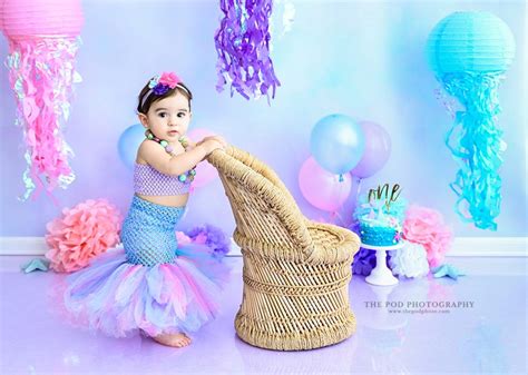 Mermaid First Birthday Cake Smash And Splash Portrait Session Los