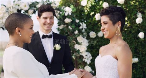 Happy Holding Hands And Lgbtq With Lesbian Couple At Wedding For Celebration Gay And Pride