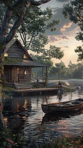 Serene Lakeside Cabin With Wooden Dock And Scenic Views Premium Ai