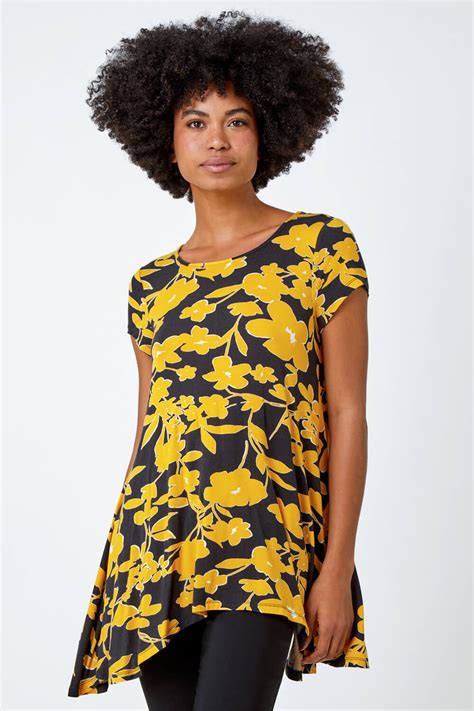 Yellow Contrast Floral Print Hanky Hem Tunic Roman UK