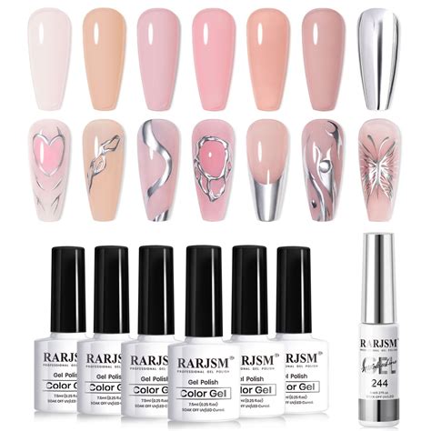 Amazon RARJSM Nude Gel Nail Polish Set Colors With Metallic Silver Chrome Liner Sheer