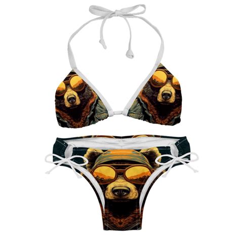 Vintage Bear Adjustable Strap Bikini Set With Detachable Sponge Two Pack Ideal For Beach And