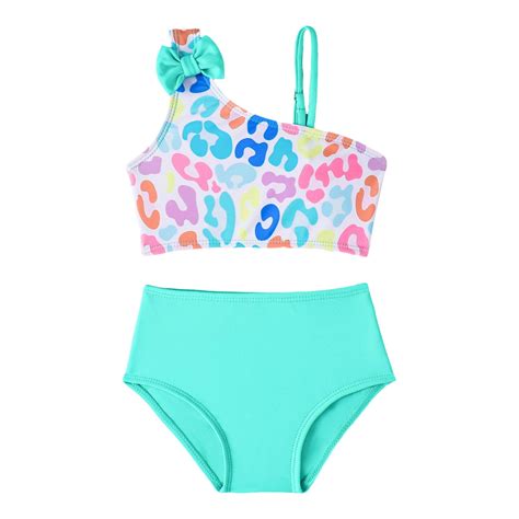 Hienoo Newborn Girls Bikini Swimsuit Leopard One Shoulder Bow Piece Bathing Suit Swimwear
