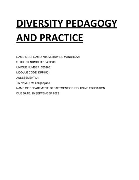 Ntombikayise Mandhlazi 18403506 Dpp1501 Ass4 Diversity Pedagogy And