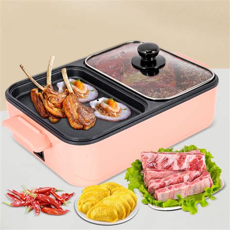 Miumaeov Electric Hot Pot BBQ Griddle Barbecue Grill Non Stick Teppanyaki Pan Soup 2 In 1